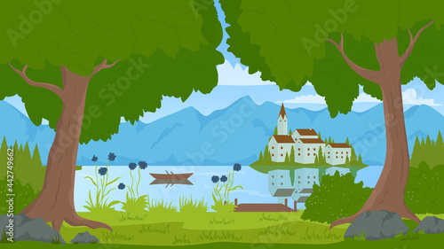 Summer green nature landscape with small town on lake island, castle or church and mountains vector illustration. Cartoon scenic countryside fairy tale panorama, traditional European houses background