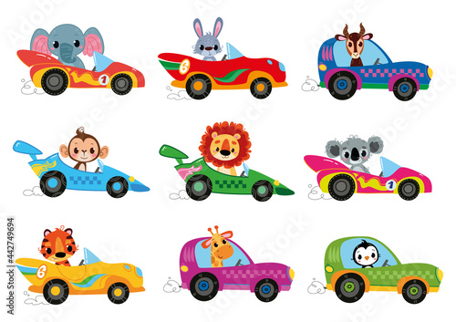 Vector set of clipart modern cartoon racing cars with animal drivers. Rabbit, Elephant, Lion, Koala, Penguin, Giraffe, Tiger. Auto kids funny and cute logo. Isolate print. Funny cartoon character.