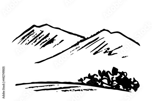 Simple vector black outline drawing, charcoal pencil. Mountain landscape, hills and bushes. Nature and travel.