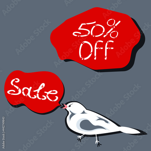 An advertising banner with a silhouette of a white bird and a fifty percent discount.Advertising design. Vector illustration