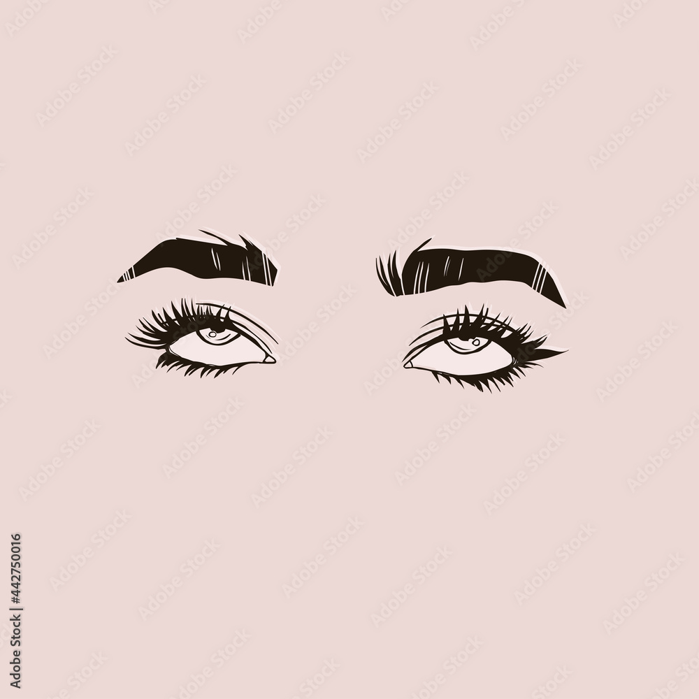 Beautiful rolled up female Eyes with long Eyelashes and eyebrows. Close up passionate fashion look. Hand drawn Vector illustration. Brow bar, beauty salon concept. Logo, poster or print template Beautiful rolled up female Eyes with long Eyelashes and eyebrows. Close up passionate fashion look. Hand drawn Vector illustration. Brow bar, beauty salon concept. Logo, poster or print template