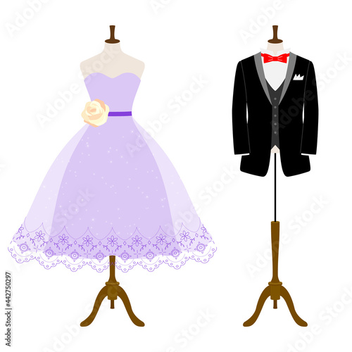 Illustration of tuxedo and dress (white background, vector, cut out)