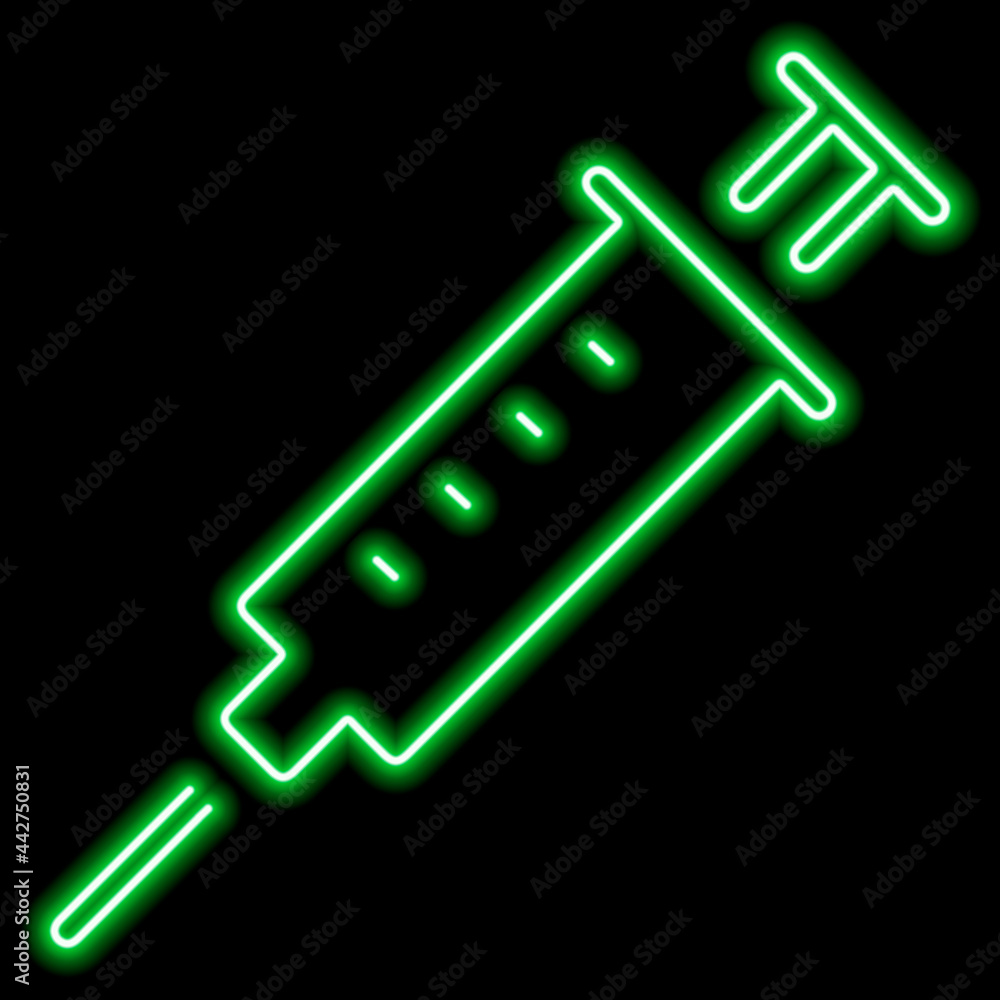 Green neon stylized syringe contour on a black background Green neon stylized syringe contour on a black background