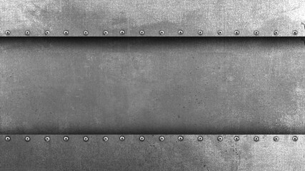 Gray flat sheet metal fastened with rivets with frame for writing messages. Suitable for making background images and banner designs.