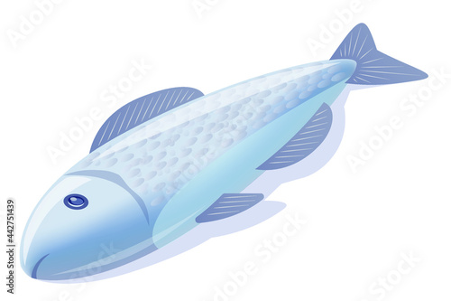 Vector fish illustration. blue fish 3D rendering lying on a surface isolated on white background.