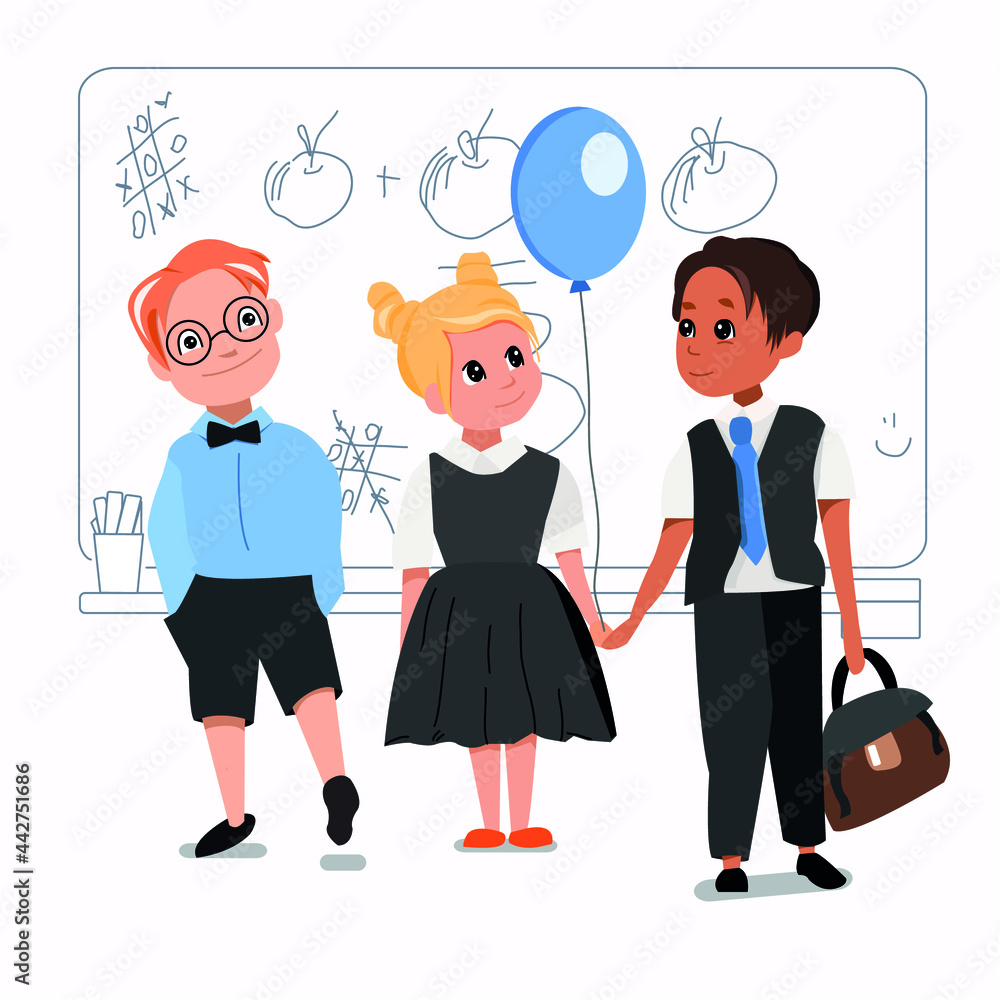 Back to school. School kids in uniform standing in front of the blackboard. First day at school. Vector art. Back to school. School kids in uniform standing in front of the blackboard. First day at school. Vector art.