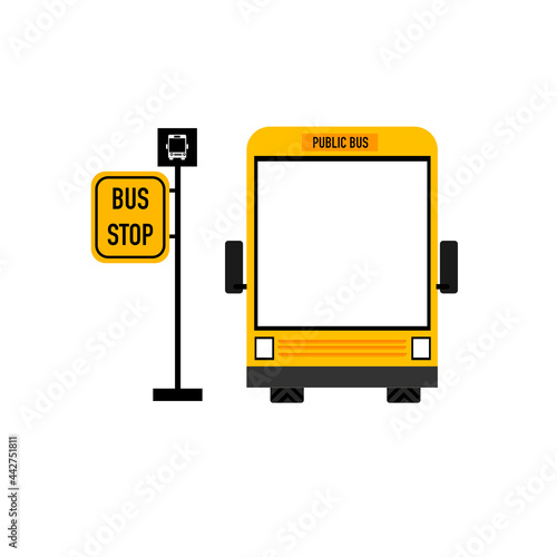 Cartoon of a public bus at bus stop. 