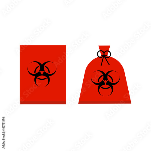 A red garbage bag for biohazards waste on white background.