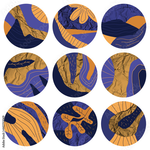 Story highlight round covers for social media with abstract design, blue, yellow and gold paper shapes. Stories highlights backgrounds for bloggers vector illustration