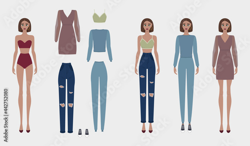 Paper doll with set of basic fashion clothes: evening dress, tracksuit, top and jeans.