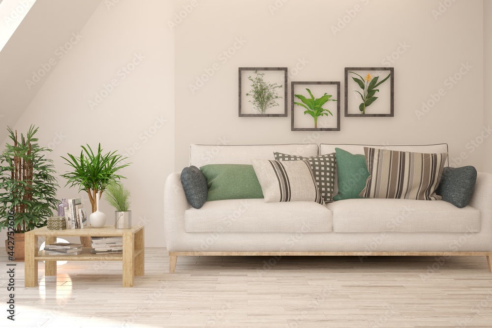 White living room with sofa. Scandinavian interior design. 3D illustration White living room with sofa. Scandinavian interior design. 3D illustration