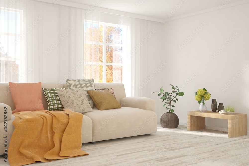 Fototapeta premium White living room with sofa. Scandinavian interior design. 3D illustration