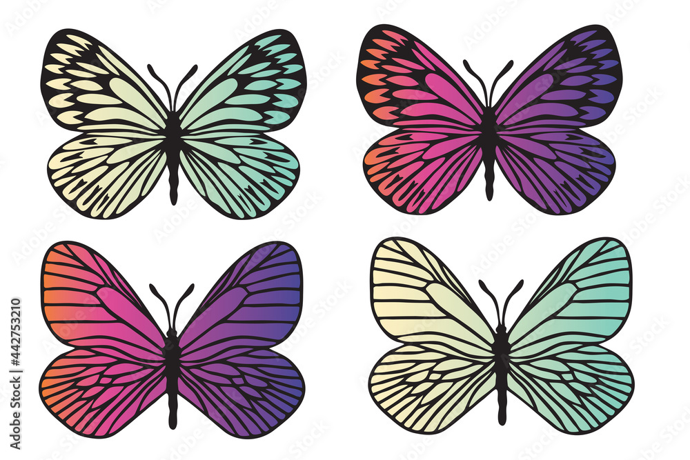 Butterflies black silhouette set with modern gradient. Clip art isolated