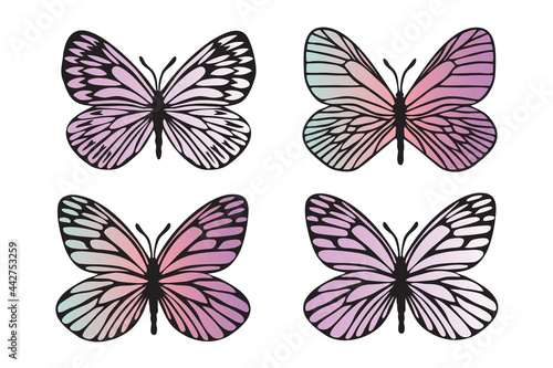 Butterflies black outlines silhouette set with modern gradient. Clip art on white background