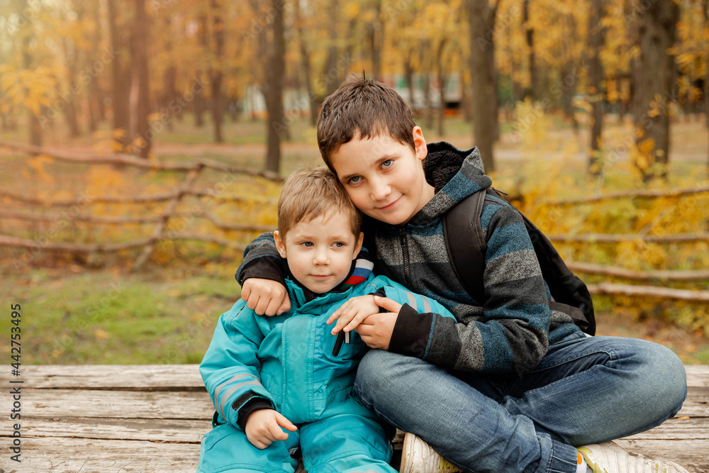 Funny brothers who are smiling happily together. Two happy boys in the woods. Two brothers play outdoors in autumn, best friends. Little brother with brother sit at the outdoor. Fraternal relations Funny brothers who are smiling happily together. Two happy boys in the woods. Two brothers play outdoors in autumn, best friends. Little brother with brother sit at the outdoor. Fraternal relations