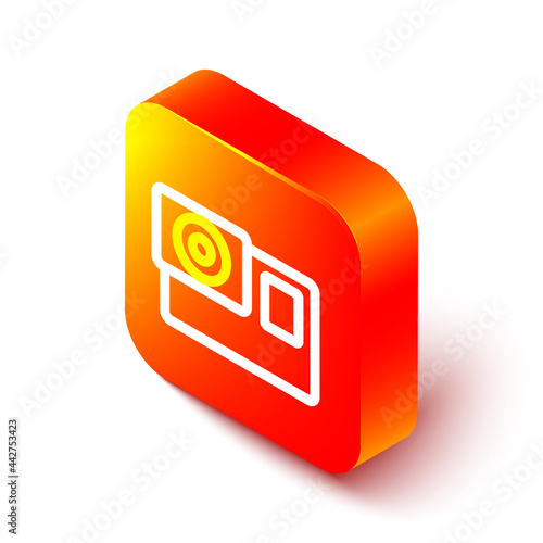 Isometric line Action extreme camera icon isolated on white background. Video camera equipment for filming extreme sports. Orange square button. Vector