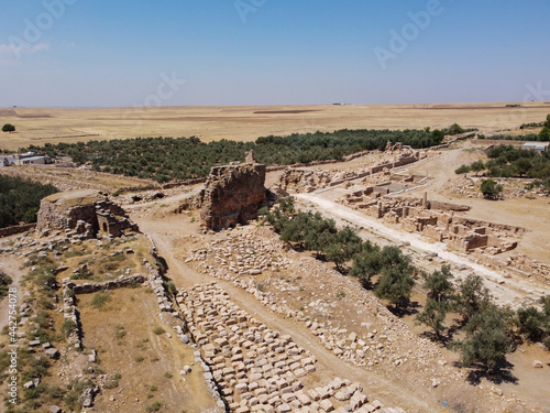 Dara or Daras Ancient city. Ruins of East Roman fortress city in northern Mesopotamia. Village of Oguz, Mardin province, Turkey. Aerial view photo