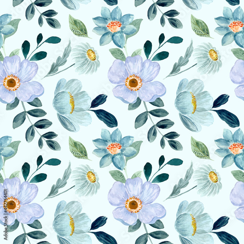 Seamless pattern of blue green floral watercolor