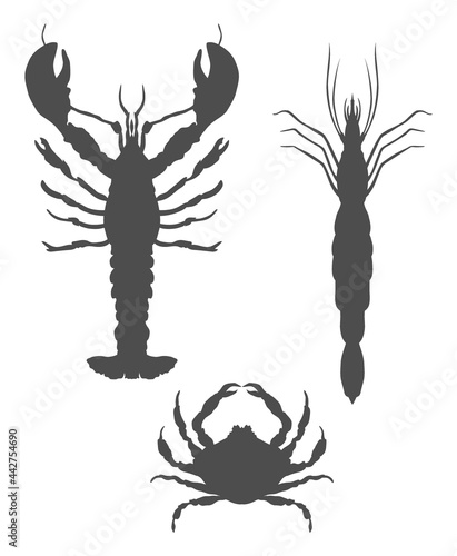 Icons with symmetrical lobster, crab and shrimp