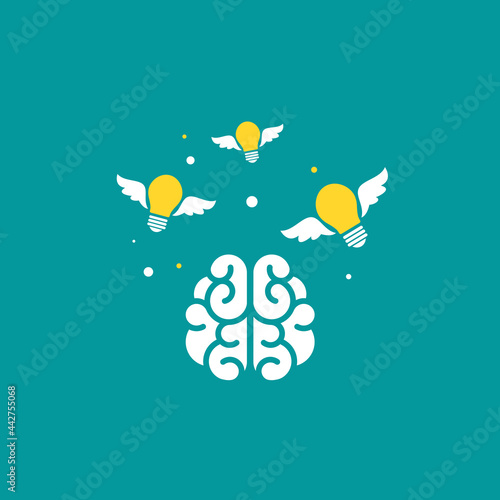 brain with flying bulbs flat icon. Isolated on blue. New idea, inspiration concept. smart, clever, creative symbol.