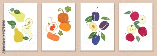 Collection of modern art posters. Abstract illustration of fruits. Abstract paper cut elements, berries and vegetables for social networks, postcards, print, packaging, design. Pear, pumpkin, plum, ap