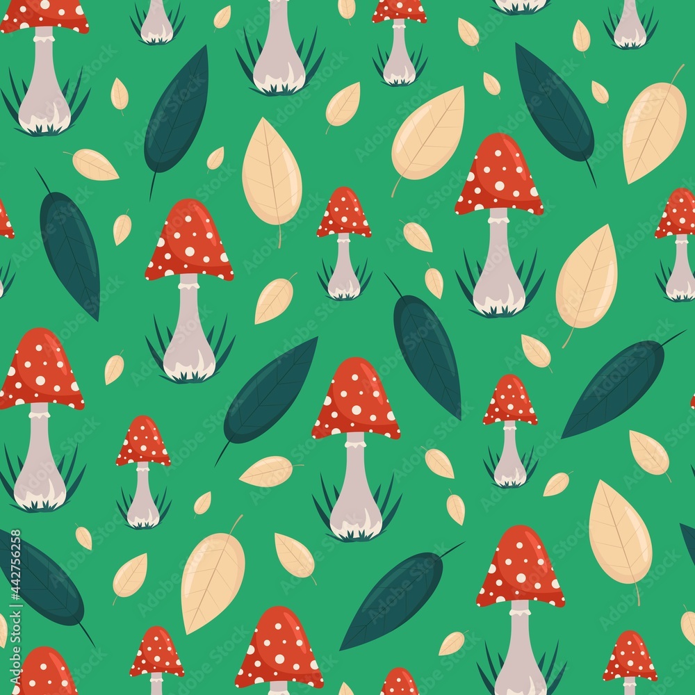 Red toadstools and autumn leaves seamless pattern, vector background in flat style.Cartoon. Red toadstools and autumn leaves seamless pattern, vector background in flat style.Cartoon.