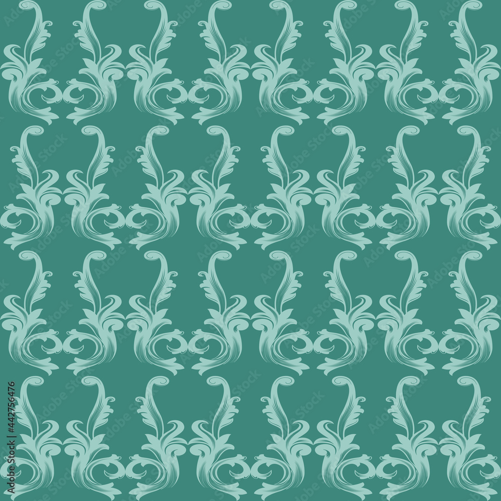 Seamless green luxury damask pattern design on turquoise background Seamless green luxury damask pattern design on turquoise background