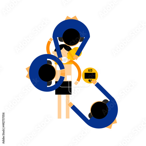 cartoon operating an emergency medical team to help an unconscious person.