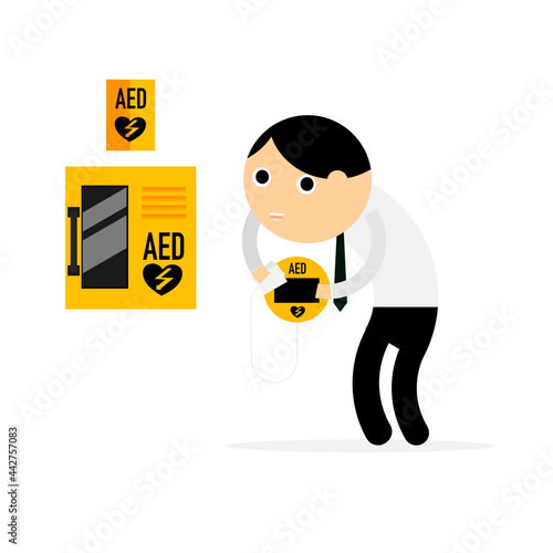 Cartoon character, a man is using an automatic external Defibrillator.