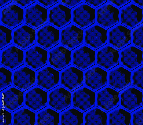 Vector seamless geometric pattern with gold foil outline and deep blue watercolor polygons. Modern hexagon tile abstract background