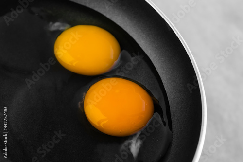 Two raw eggs in a black frying pan, transparent whites and bright yellow yolks. The concept of the process of cooking, preparing a simple dish for breakfast. Close-up