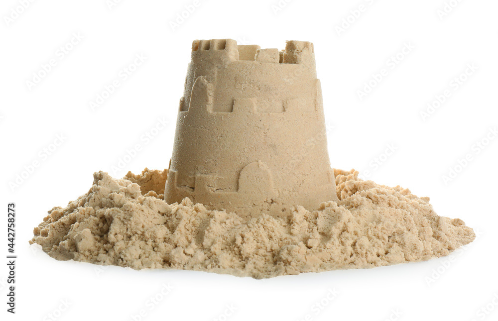 Pile of sand with castle on white background. Outdoor play - obrazy, fototapety, plakaty 