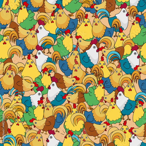 Seamless pattern of several chicken images. cartoon style bright color illustration Suitable for gift wrapping paper, wallpaper.