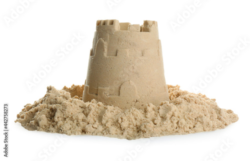 Pile of sand with castle on white background. Outdoor play