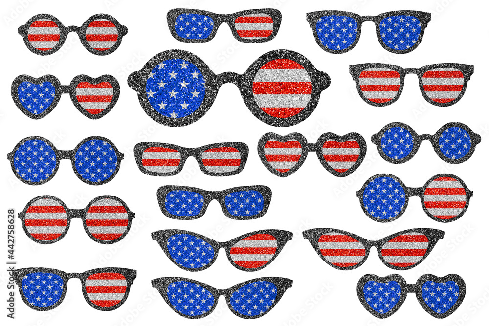 Fototapeta premium Glitter glasses in colors of American flag. Clip art patriotic kit on white background
