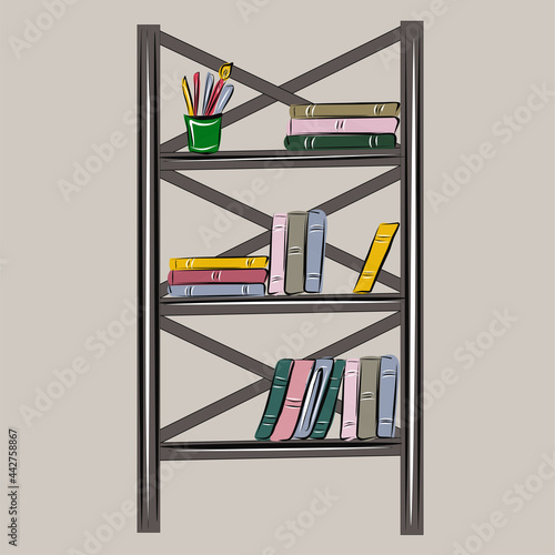 Bookcase, loft shelving with books. Library, school, reading, education. All items are separate. Isolated vector objects.