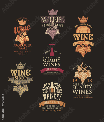 Set of logos, labels, emblems, badges or stickers for a wine and whiskey. Vector tags for alcoholic drinks in retro style with ornate hand-drawn decorations and inscriptions on a black background