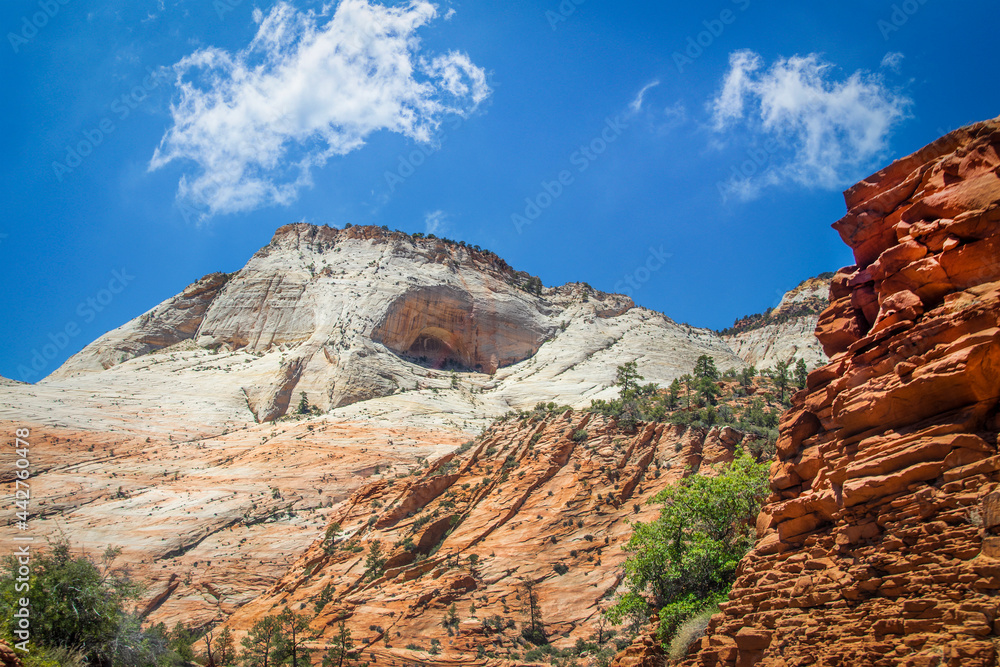 View of multi-colored layered cliffs in Zion National Park in Utah which makes up the middle section of the Colorado Plateau aka the Grand Staircase
