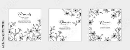 Hand drawn clematis floral greeting card background..