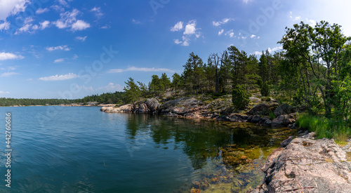 beautful archipelago with islands and forest landscape on the ocean coast on a summer day