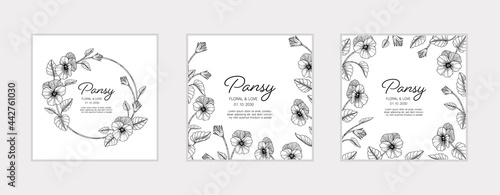 Hand drawn pansy floral greeting card background..
