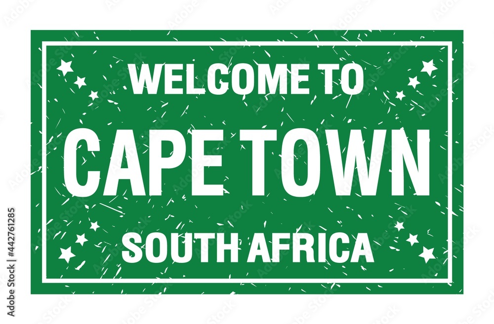 WELCOME TO CAPE TOWN - SOUTH AFRICA, words written on green rectangle stamp WELCOME TO CAPE TOWN - SOUTH AFRICA, words written on green rectangle stamp