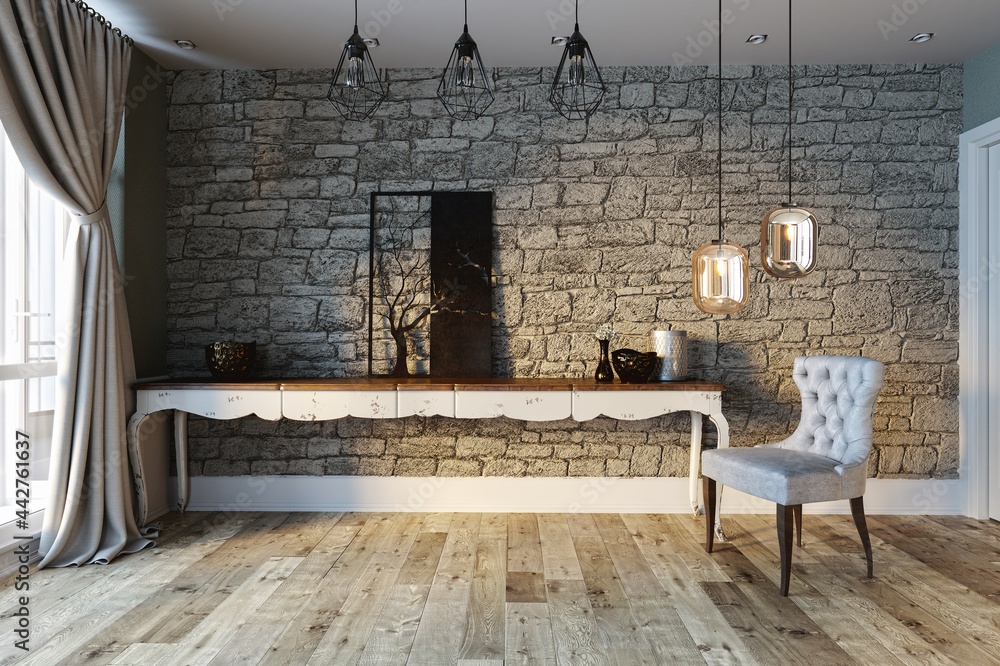 bright empty interior design, stone wall. 3D illustration bright empty interior design, stone wall. 3D illustration