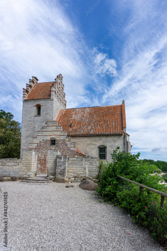 close up of the historic and partially destroyed church at Hojerup high up on the cliffs of Stevns Klint