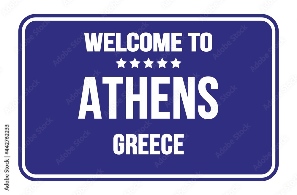 WELCOME TO ATHENS - GREECE, words written on dark blue street sign stamp