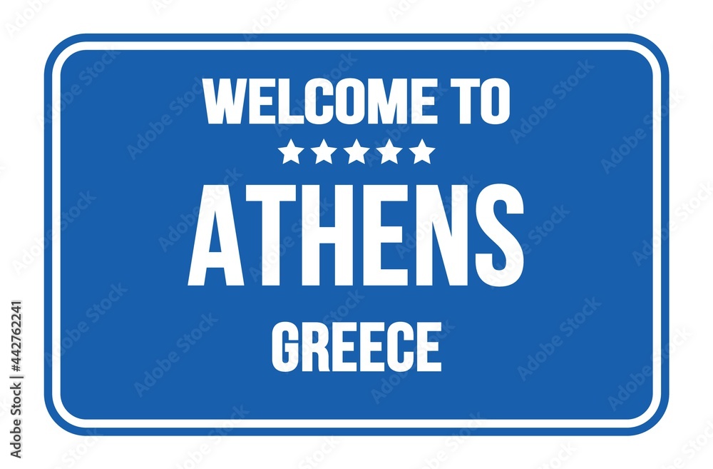 WELCOME TO ATHENS - GREECE, words written on greek blue street sign stamp