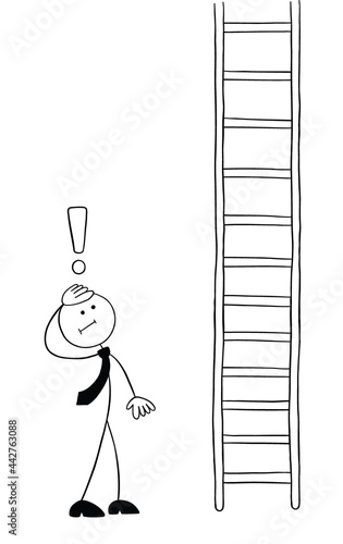 Stickman businessman character looking at the very long wooden ladder and worried, vector cartoon illustration