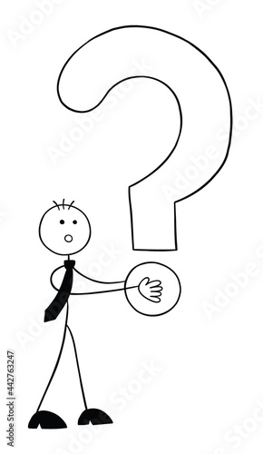 Stickman businessman character holding big question mark, vector cartoon illustration