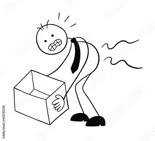 Stickman businessman character hurts back when lifting box, vector cartoon illustration