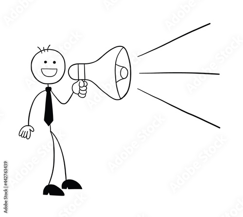 Stickman businessman character announcing using a megaphone, vector cartoon illustration